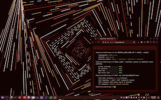 Linux desktop with Digital Rust wallpaper and terminal window running theme audit