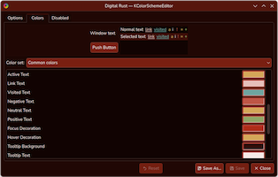 KDE color scheme editor window displaying the Digital Rust theme palette with preview swatches for UI elements