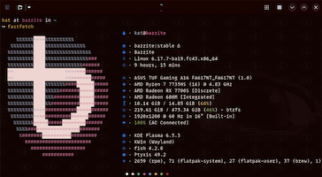 Linux desktop terminal using the Digital Rust, showing a fastfetch system overview with hardware specs and ASCII logo