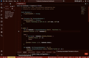 VS Code window using Digital Rust theme with Rust sample code open